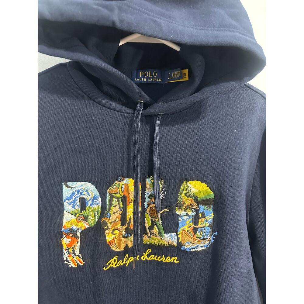 Polo Ralph Lauren NWOT Sportsman Spell Out Logo Hoodie Sz S Outdoor Navy Blue - Picture 2 of 6